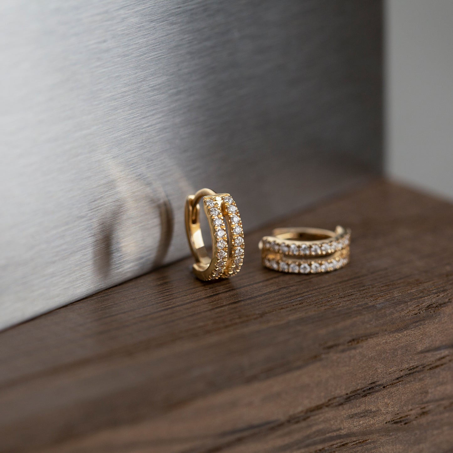 Tiny Double Diamond Huggies - 14K Yellow Gold (0.10 ct.) | Single