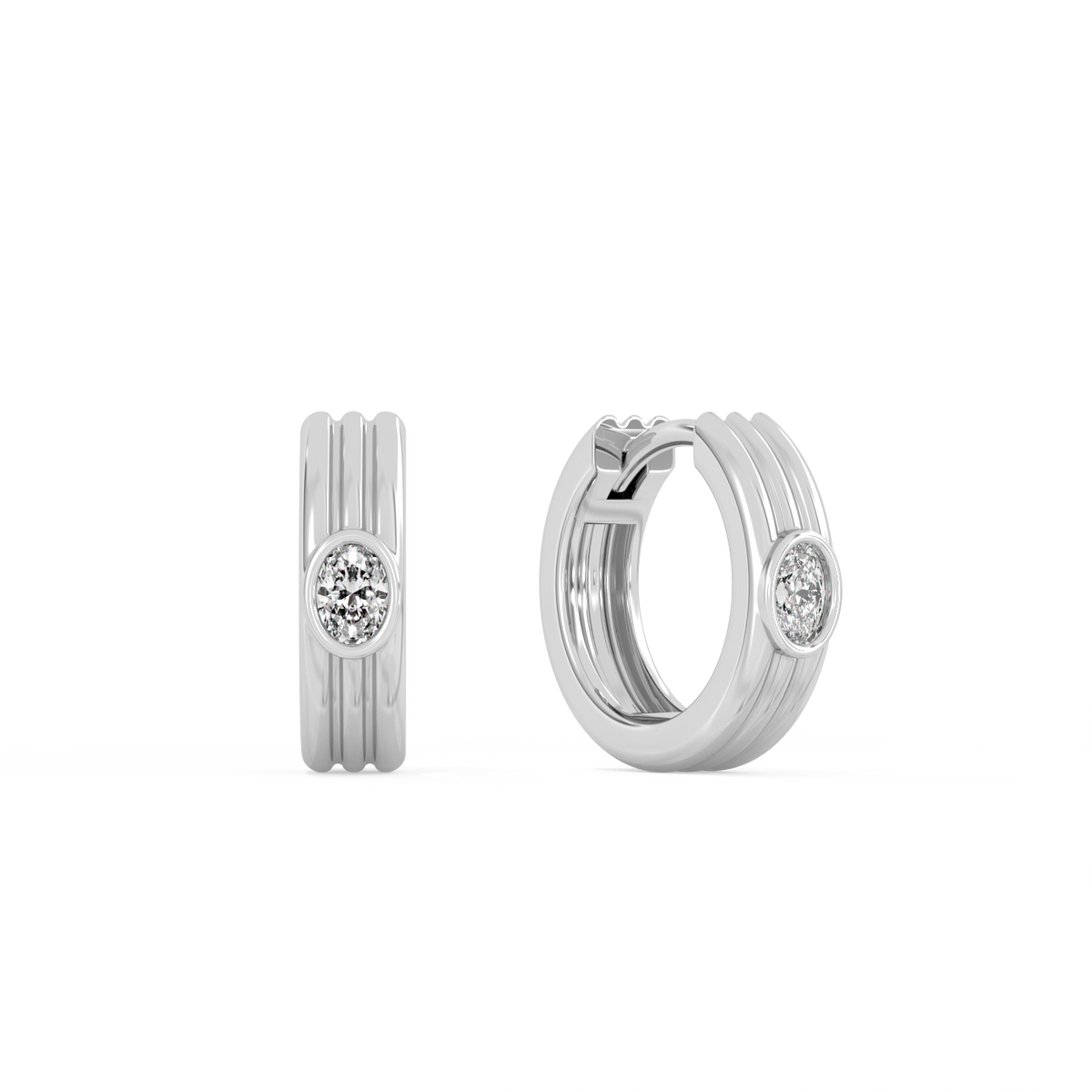 Ribbed Oval Lab-grown Diamond Hoops - 14K White Gold (0.10 ct.) | Single
